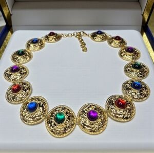 Vintage Mogul Styling Gold Jewel Tone Cabochon Disk Necklace